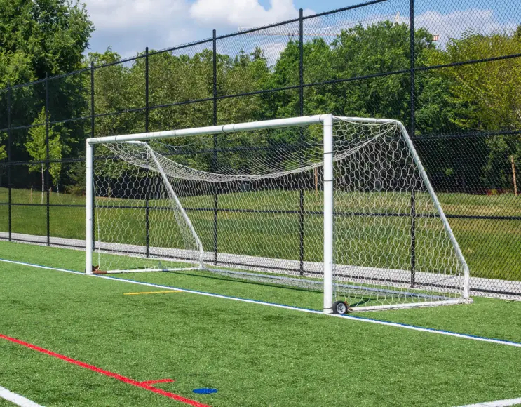 Transportable five-a-side football goals in white painted steel