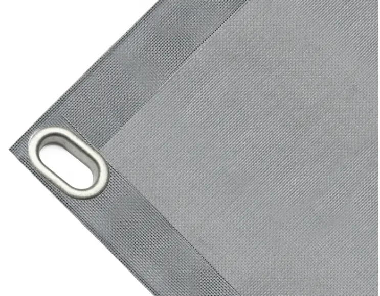 High-strength PVC tarpaulin box cover, 280g/sq.m. Microperforated sheet, not waterproof. Grey. Oval eyelets 40x20 mm