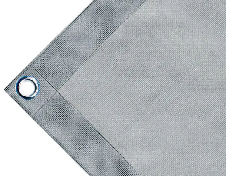 High-strength PVC tarpaulin box cover, 280g/sq.m. Microperforated sheet, not waterproof. Grey. Eyelets 23 mm