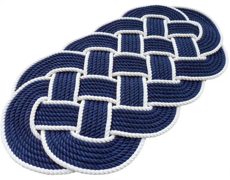 Hand woven rope doormat. Blue color with white outline. Model Monte Isola