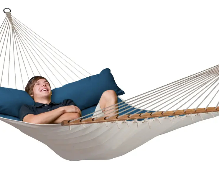 DEEP BLUE HAMMOCK WITH STICK, PADDED TOWEL AND CUSHION