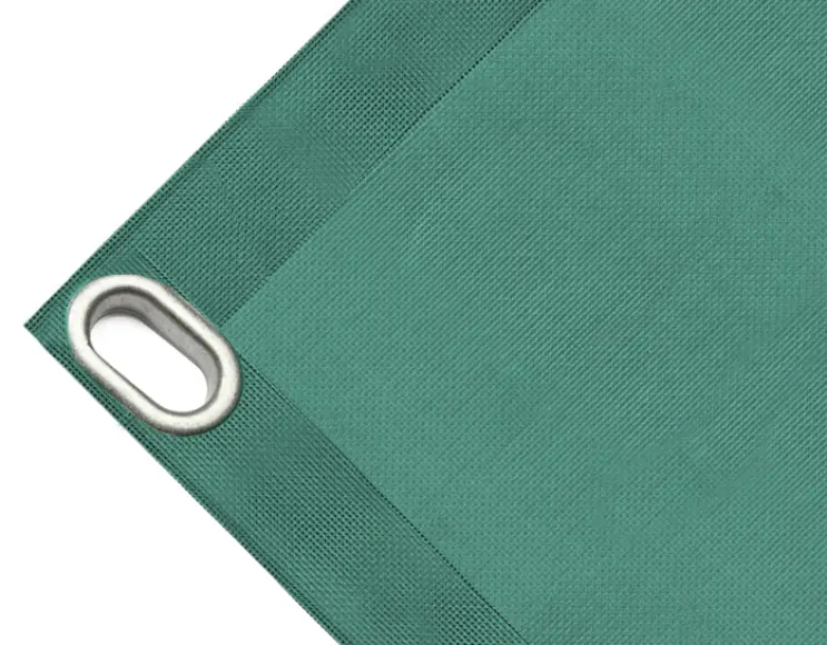High-strength PVC tarpaulin box cover, 280g/sq.m. Microperforated sheet, not waterproof. green. Oval eyelets 40x20 mm