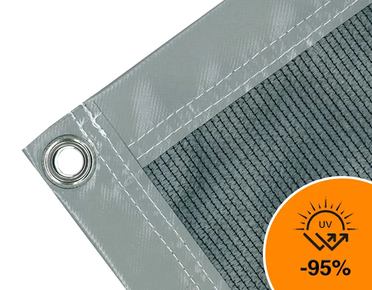 Shade cloth for covering gazebos, canopies and pergolas. 190 g / sqm. Colour grey . Shading 95%. Standard 17 mm round eyelets