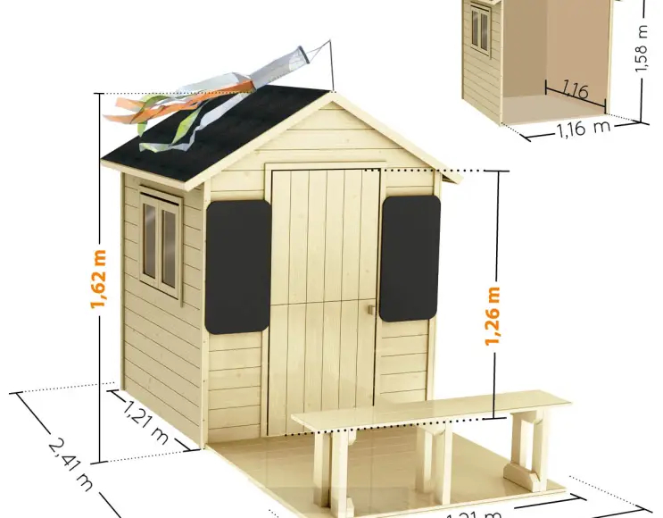 GRACE wooden house with bench and blackboards